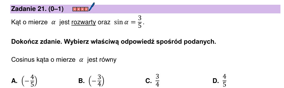 Zadanie 21: Cosinus kąta rozwartego - matura matematyka 2026