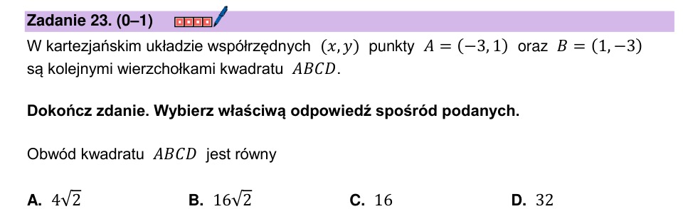 Zadanie 23: Obwód kwadratu na płaszczyźnie - matura matematyka 2026