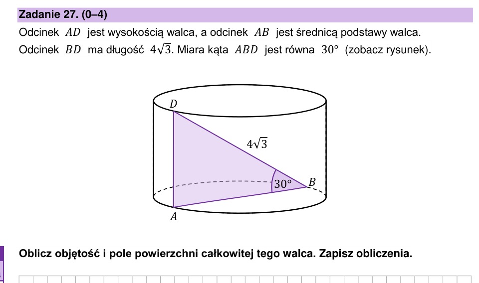 Zadanie 27: Objętość i pole walca - matura matematyka 2026