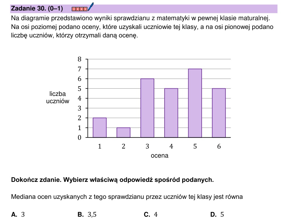 Zadanie 30: Mediana ocen ze sprawdzianu - matura matematyka 2026