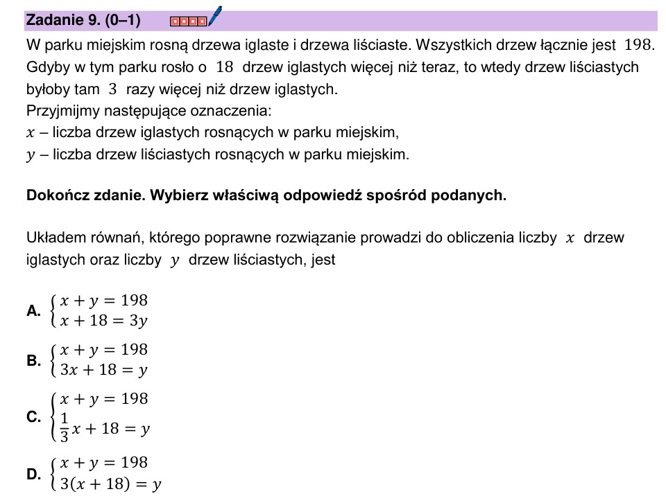 Zadanie 9: Układ równań o drzewach - matura matematyka 2026