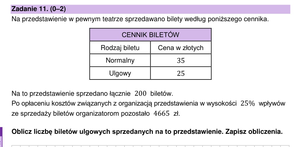 Zadanie 11: Liczba biletów ulgowych - matura matematyka 2026