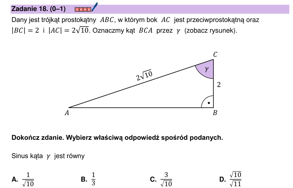 Zadanie 18: Sinus kąta w trójkącie - matura matematyka 2026