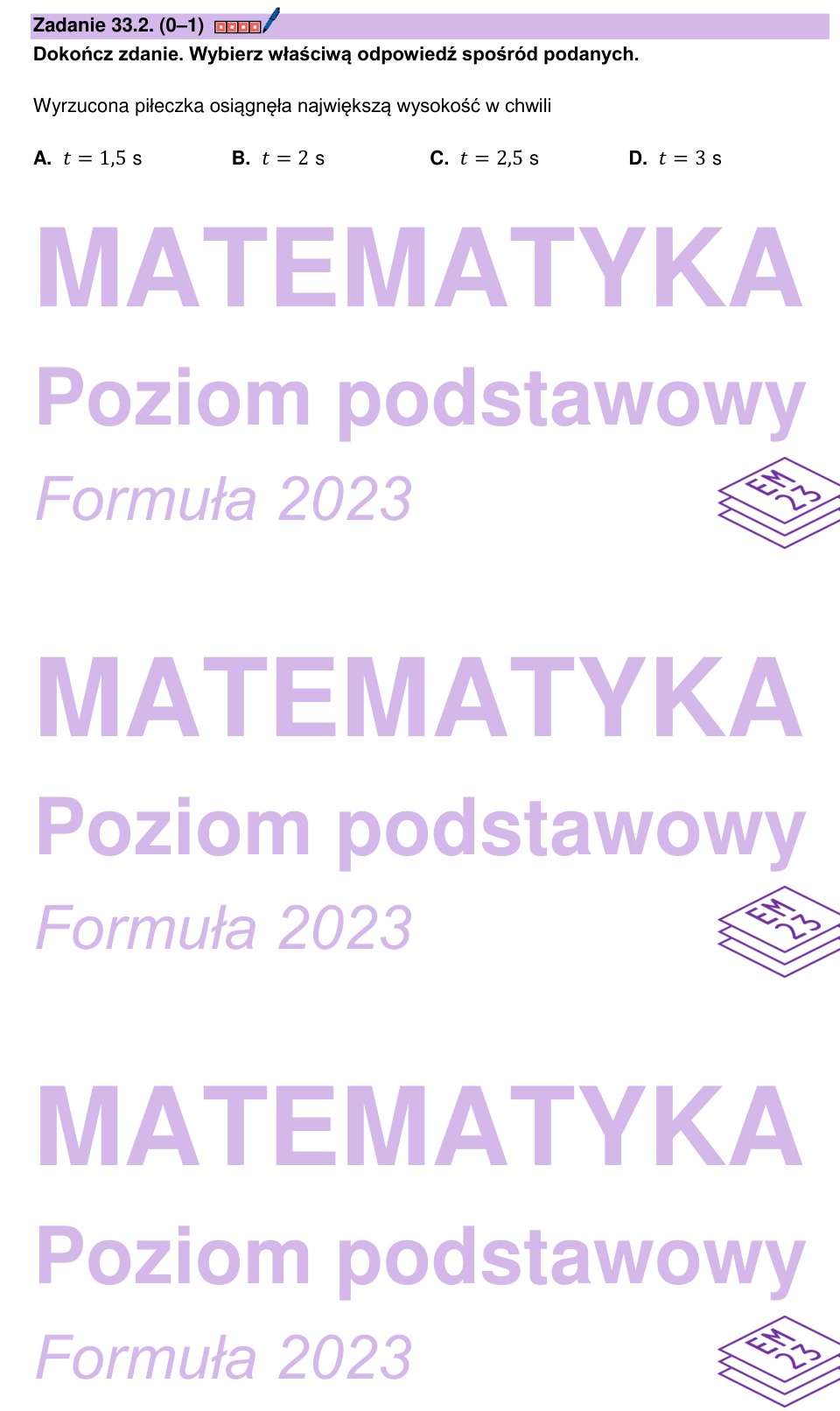 Zadanie 33.2: Chwila największej wysokości - matura matematyka 2026