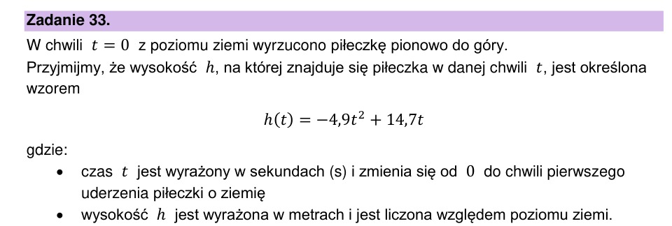 Zadanie 33: Rzut pionowy piłeczki - matura matematyka 2026