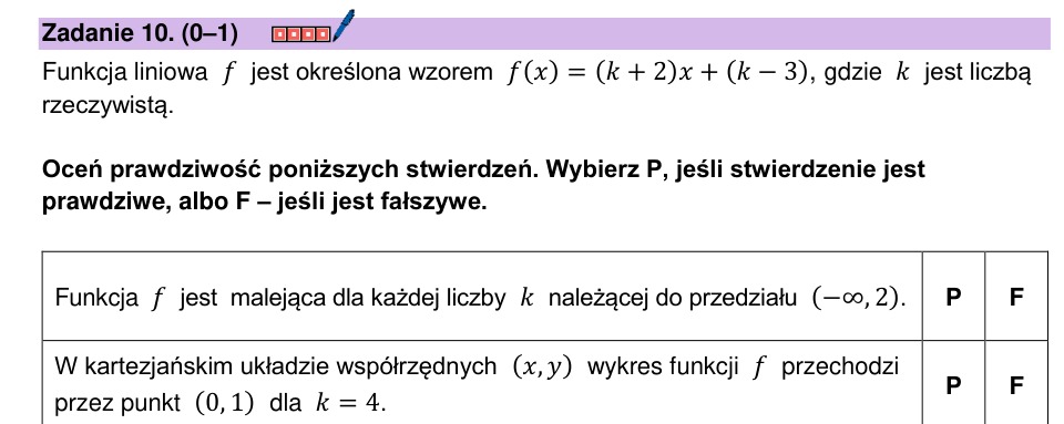 Zadanie 10: Własności funkcji liniowej - matura matematyka 2026
