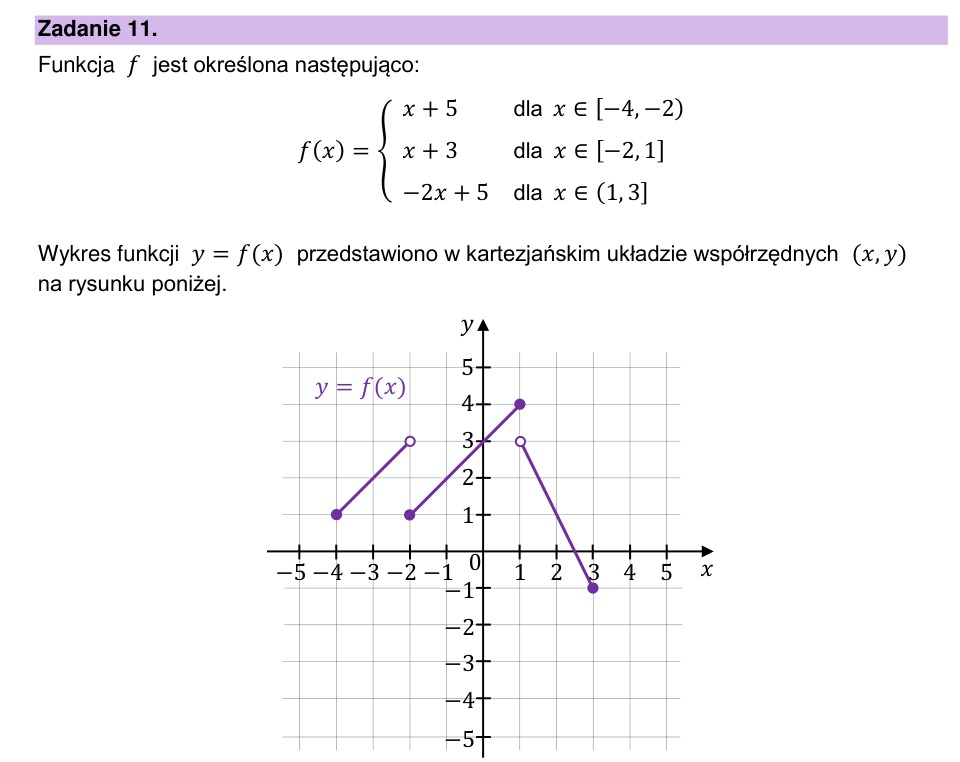 Zadanie 11: Funkcja określona przedziałami - matura matematyka 2026