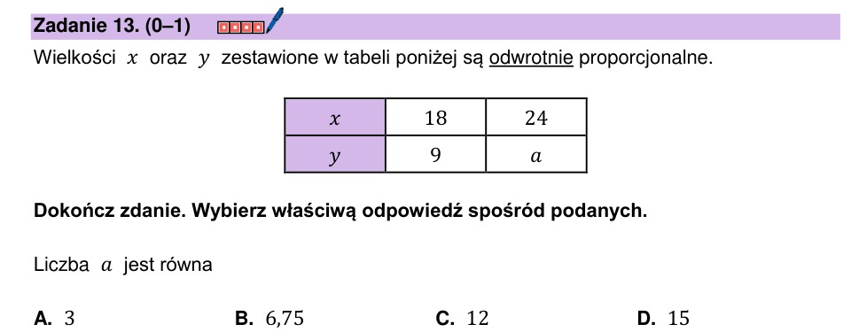 Zadanie 13: Wielkości odwrotnie proporcjonalne - matura matematyka 2026