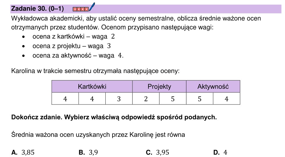 Zadanie 30: Średnia ważona ocen - matura matematyka 2026