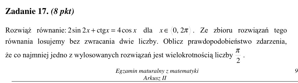 Zadanie 17: Równanie trygonometryczne i losowanie - matura matematyka 2002