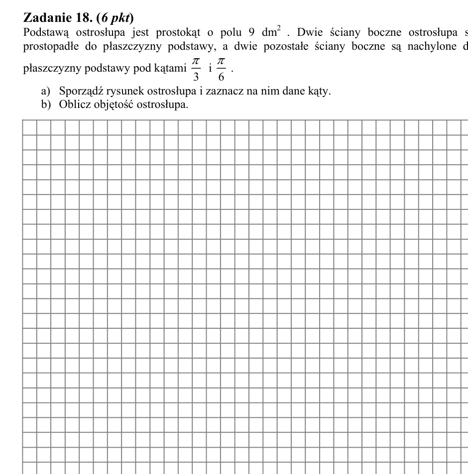 Zadanie 18: Objętość ostrosłupa o kątach - matura matematyka 2004
