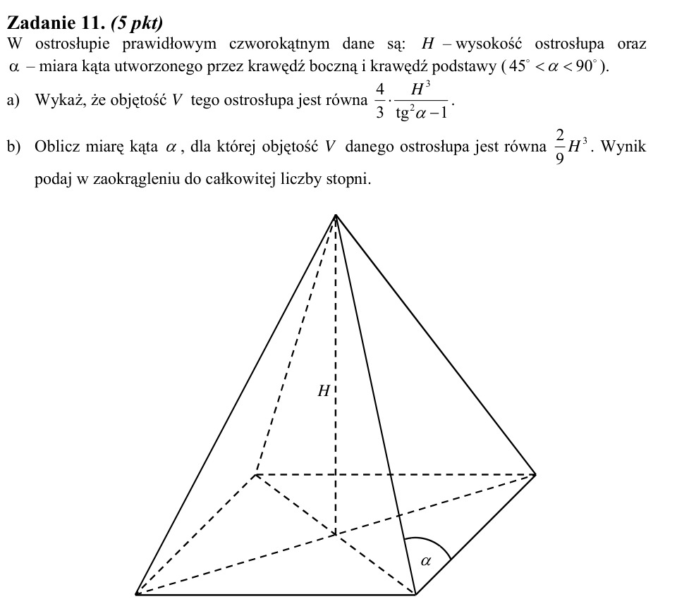 Zadanie 11: Objętość ostrosłupa i kąt - matura matematyka 2008