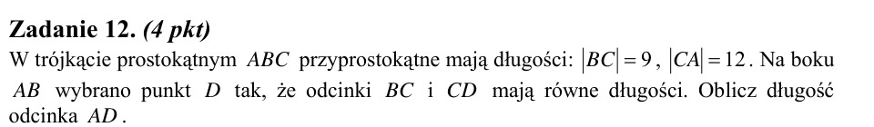Zadanie 12: Długość odcinka AD - matura matematyka 2008