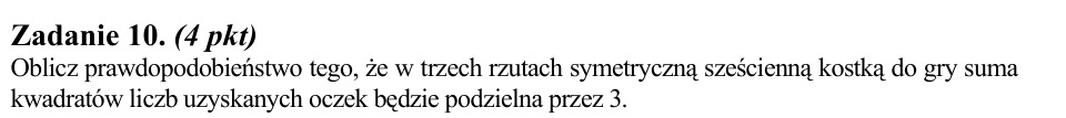 Zadanie 10: Suma kwadratów oczek kostki - matura matematyka 2010