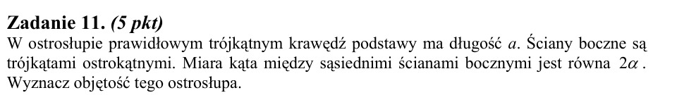Zadanie 11: Objętość ostrosłupa trójkątnego - matura matematyka 2010