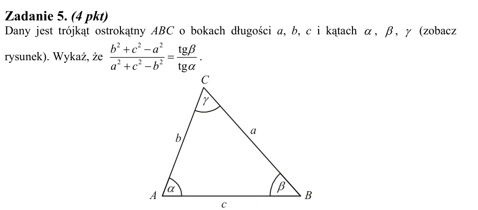 Zadanie 5: Stosunek tangensów w trójkącie - matura matematyka 2011