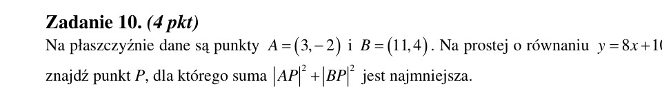 Zadanie 10: Najmniejsza suma kwadratów odległości - matura matematyka 2012