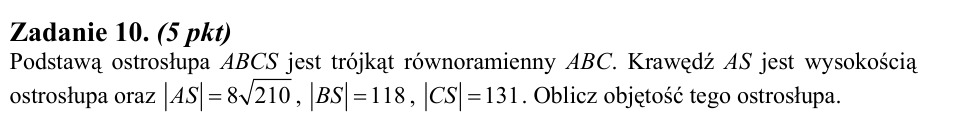 Zadanie 10: Objętość ostrosłupa równoramiennego - matura matematyka 2012
