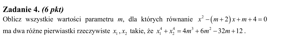 Zadanie 4: Parametr dwóch różnych pierwiastków - matura matematyka 2012