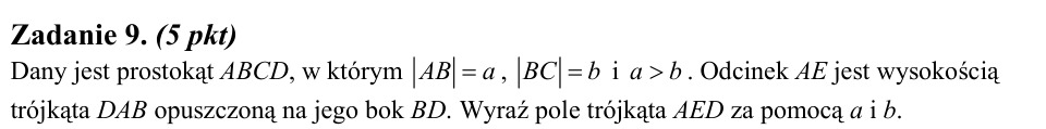 Zadanie 9: Pole trójkąta w prostokącie - matura matematyka 2012