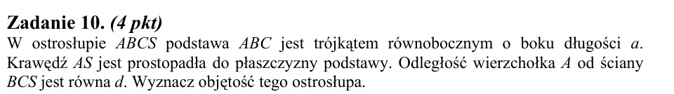 Zadanie 10: Objętość ostrosłupa z odległością - matura matematyka 2013