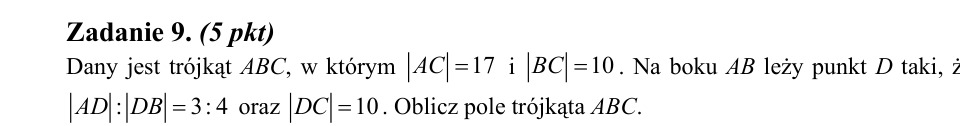 Zadanie 9: Pole trójkąta z podziałem - matura matematyka 2013