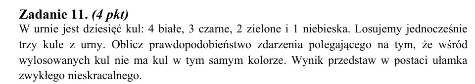 Zadanie 11: Prawdopodobieństwo różnych kolorów - matura matematyka 2014