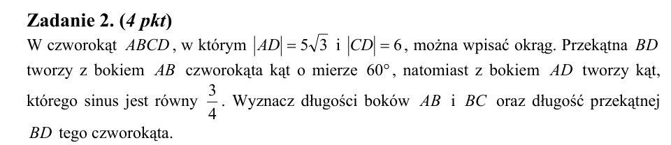 Zadanie 2: Boki i przekątna czworokąta - matura matematyka 2014