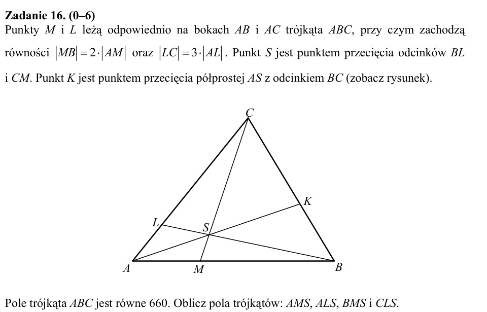 Zadanie 16: Pola trójkątów w ABC - matura matematyka 2015