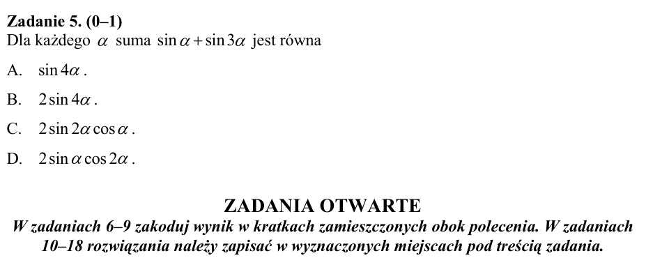 Zadanie 5: Suma sinusów kąta - matura matematyka 2015