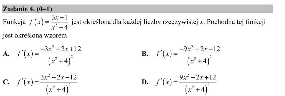 Zadanie 4: Pochodna funkcji wymiernej - matura matematyka 2016