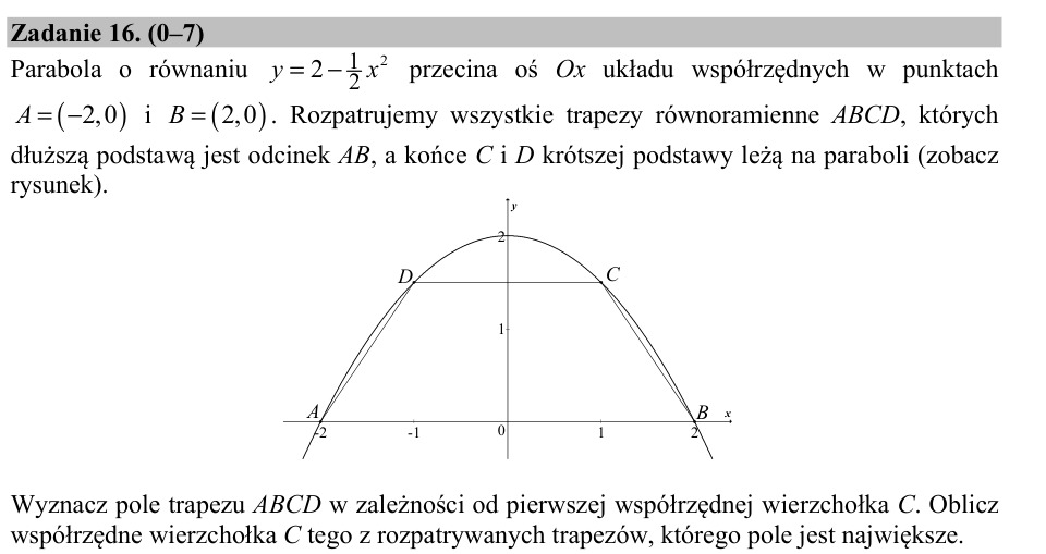 Zadanie 16: Największe pole trapezu - matura matematyka 2016