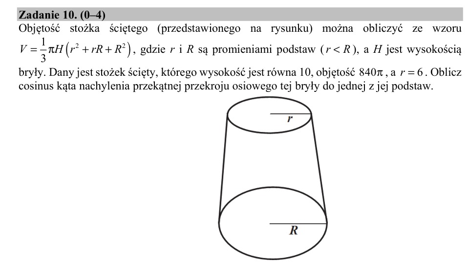 Zadanie 10: Cosinus kąta w stożku - matura matematyka 2018
