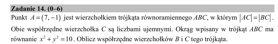 Zadanie 14: Wierzchołki trójkąta równoramiennego - matura matematyka 2018