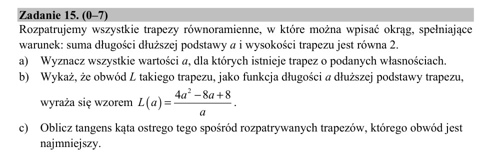 Zadanie 15: Trapez z wpisanym okręgiem - matura matematyka 2018