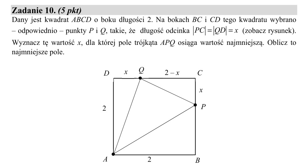 Zadanie 10: Najmniejsze pole trójkąta - matura matematyka 2020