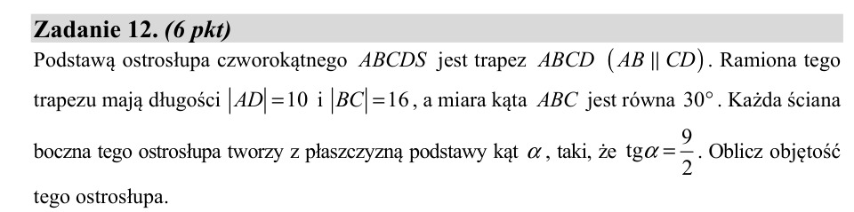 Zadanie 12: Objętość ostrosłupa czworokątnego - matura matematyka 2020