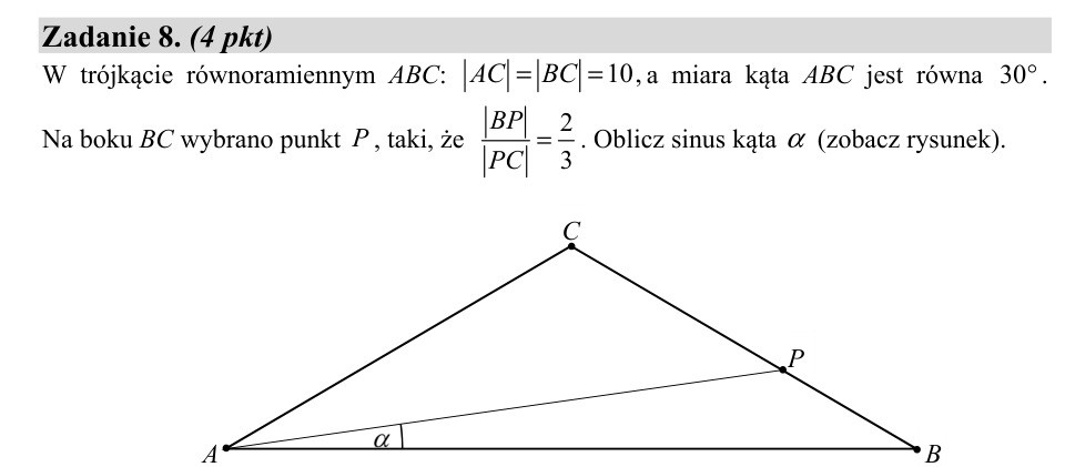 Zadanie 8: Sinus kąta w trójkącie - matura matematyka 2020