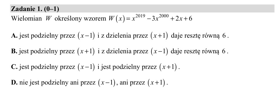 Zadanie 1: Reszta z dzielenia wielomianu - matura matematyka 2020