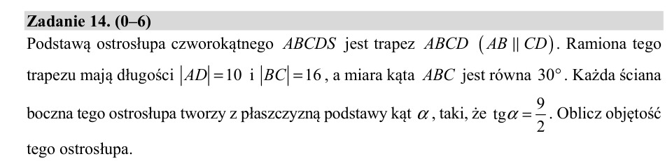 Zadanie 14: Objętość ostrosłupa czworokątnego - matura matematyka 2020
