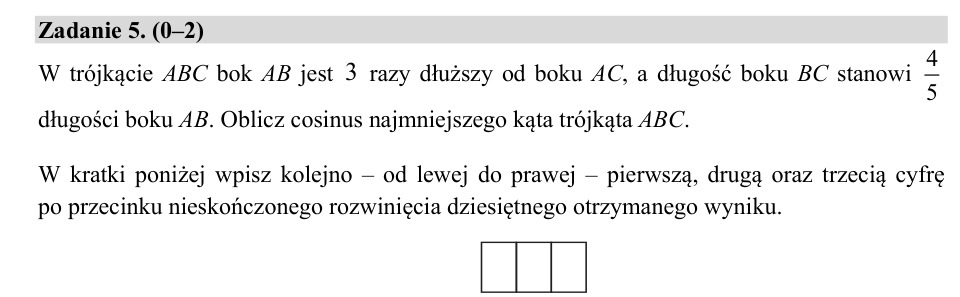 Zadanie 5: Cosinus najmniejszego kąta - matura matematyka 2020