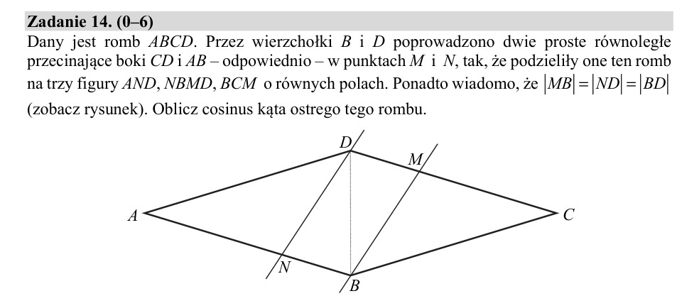 Zadanie 14: Cosinus kąta ostrego rombu - matura matematyka 2020