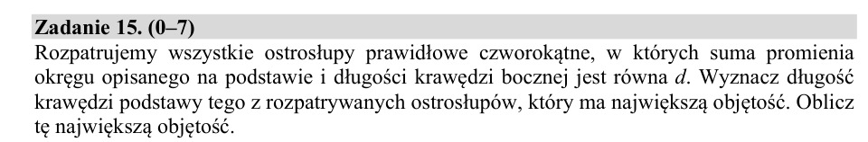 Zadanie 15: Największa objętość ostrosłupa - matura matematyka 2020