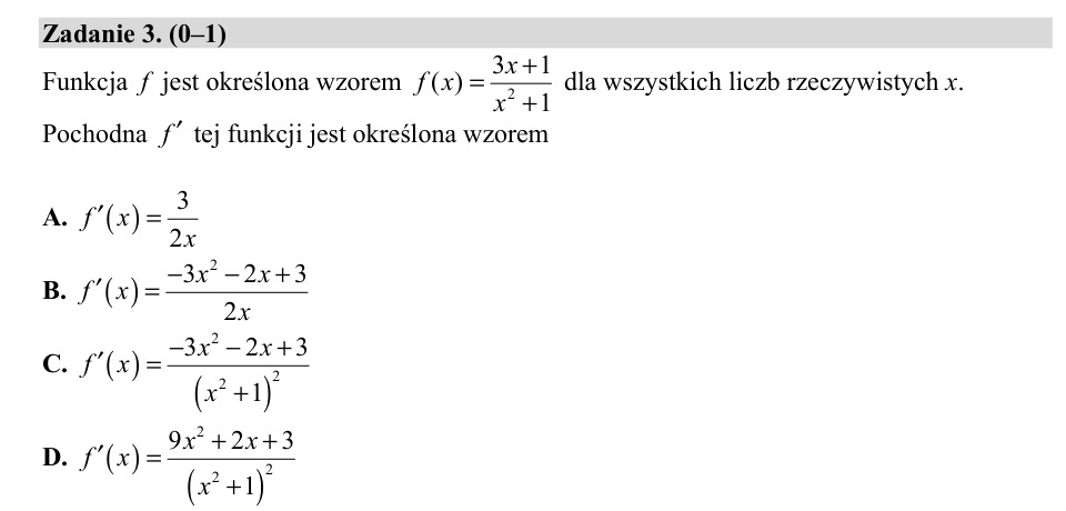 Zadanie 3: Wzór pochodnej funkcji wymiernej - matura matematyka 2020