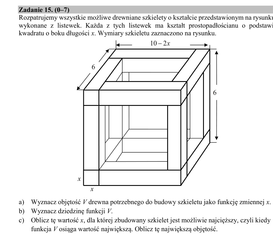 Zadanie 15: Największa objętość szkieletu - matura matematyka 2020