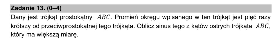 Zadanie 13: Sinus większego kąta ostrego - matura matematyka 2021