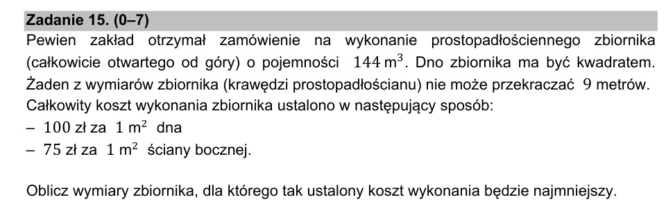 Zadanie 15: Minimalny koszt zbiornika - matura matematyka 2021