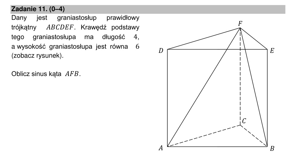 Zadanie 11: Sinus kąta w graniastosłupie - matura matematyka 2021
