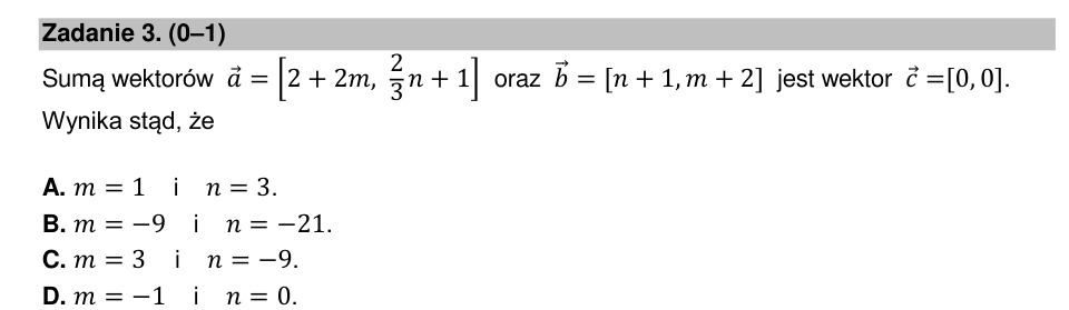Zadanie 3: Parametry sumy wektorów - matura matematyka 2022