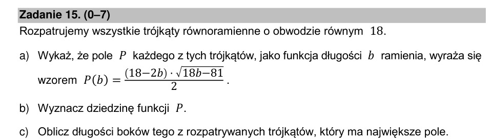 Zadanie 15: Pole trójkąta równoramiennego - matura matematyka 2022